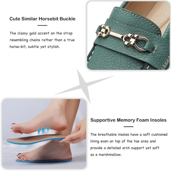 Kordal Women's Green Leather Gold Accent Buckle Slip-Ons Walking Flats Loafers - Picture 4 of 9